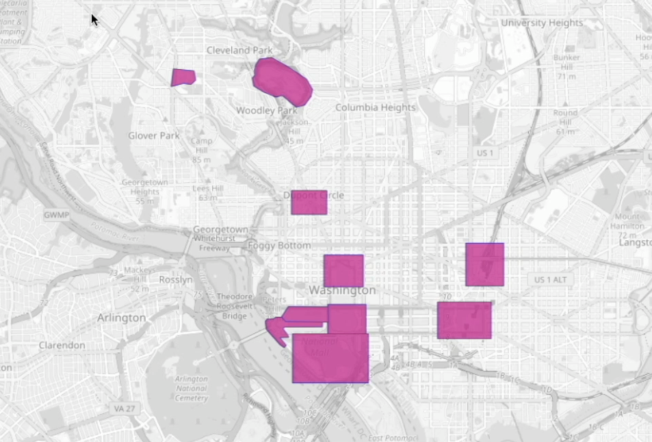 A set of spatial fences drawn around landmarks in Washington DC