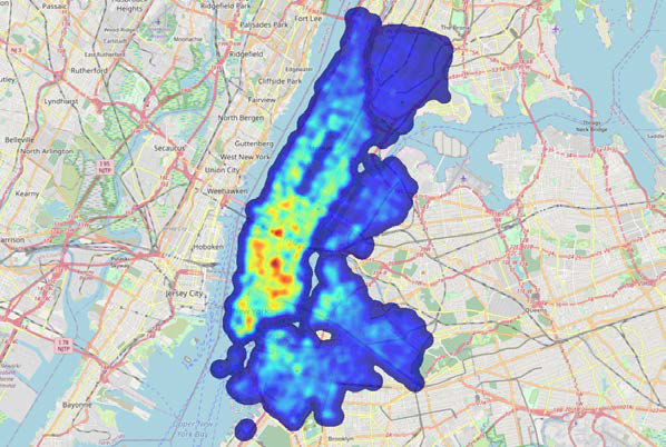 Server-rendered heatmap of 100M Citi Bike trips across Manhattan, with density blooming in plasma colors over Midtown and downtown.