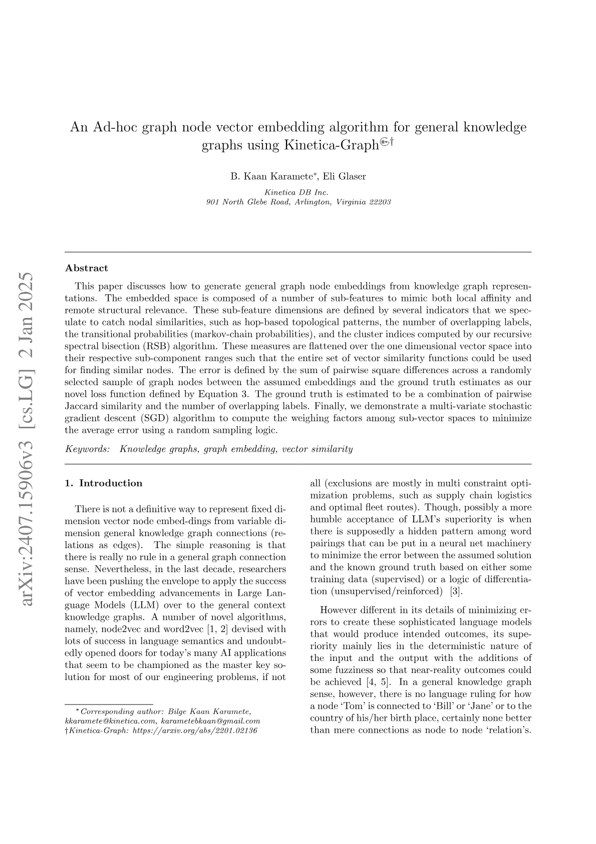 An Ad Hoc Graph Node Vector Embedding Algorithm For General Knowledge Graphs Using Kinetica Graph